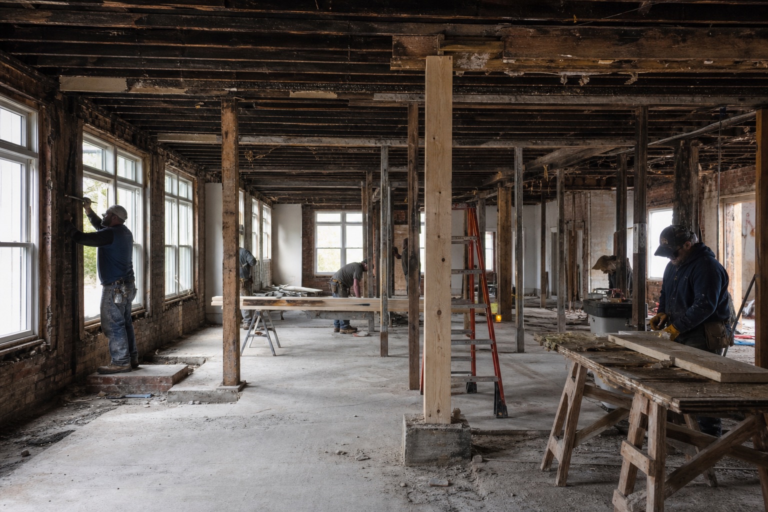 Structural repair in a vacant commercial building
