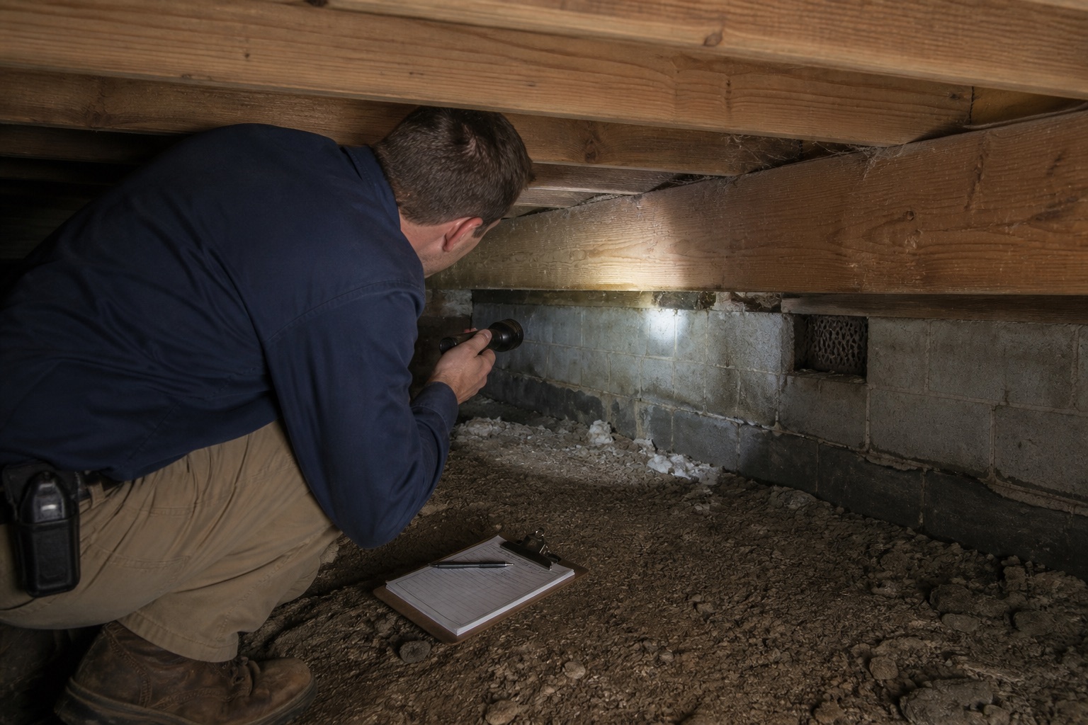 Inspector at a vacant listing crawlspace